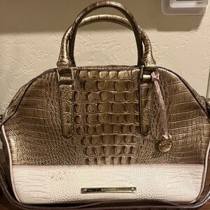 Brahmin Metallic Taupe and Cream Crocodile Embossed Satchel